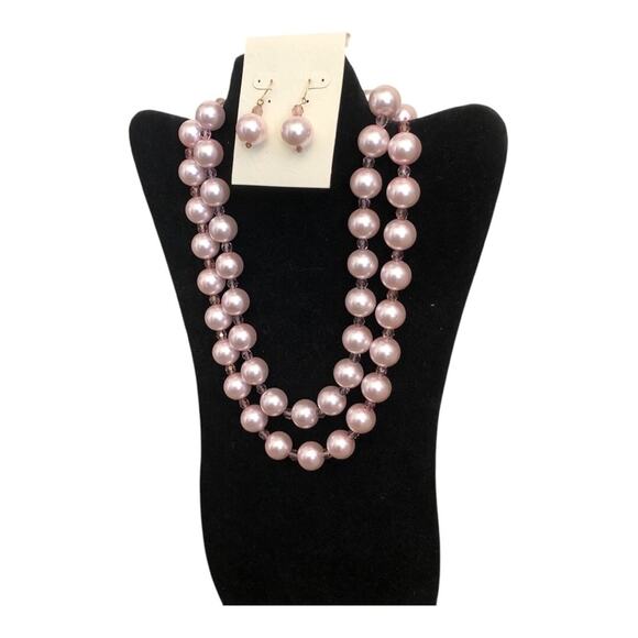 Handmade Light Pink Pearl Like Beads Long Necklace Matching Dangle Earrings Set - Picture 4 of 10